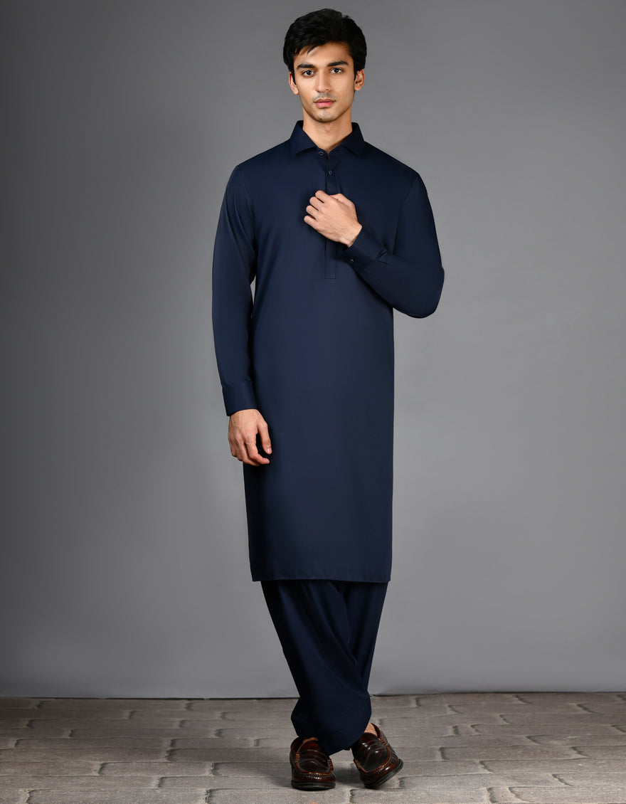 Blended Navy Blue Shalwar Kameez - J. Junaid Jamshed