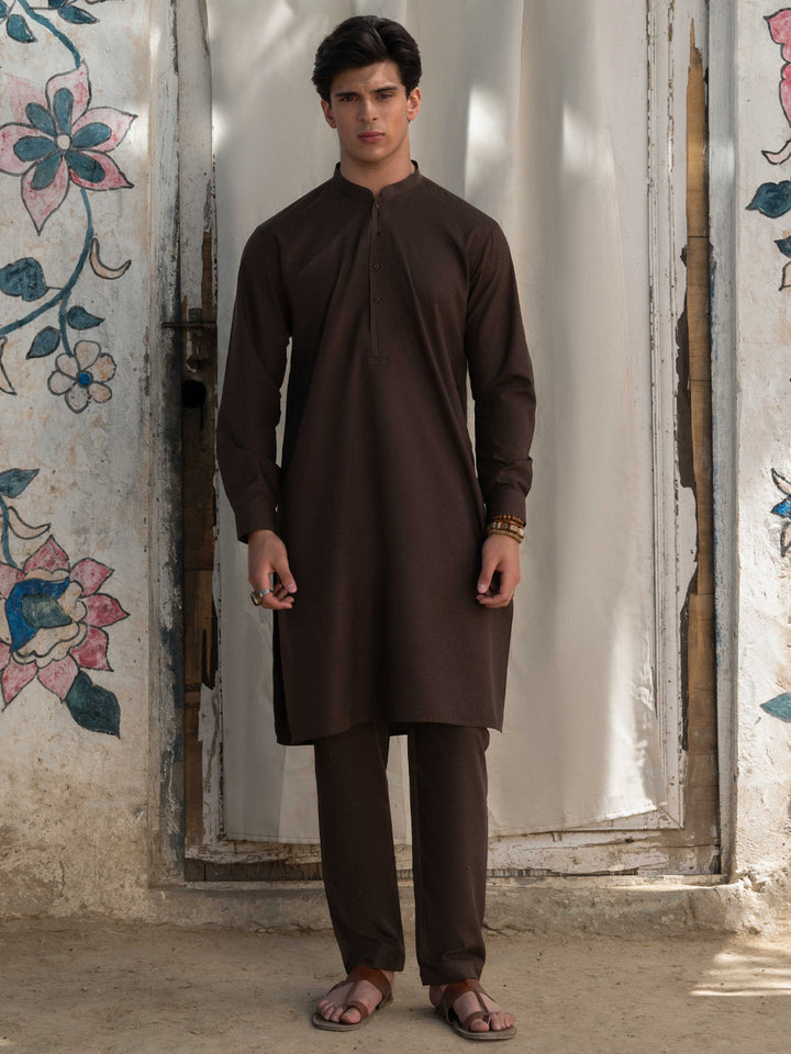 Blended Dark Brown Kurta Trouser - Almirah