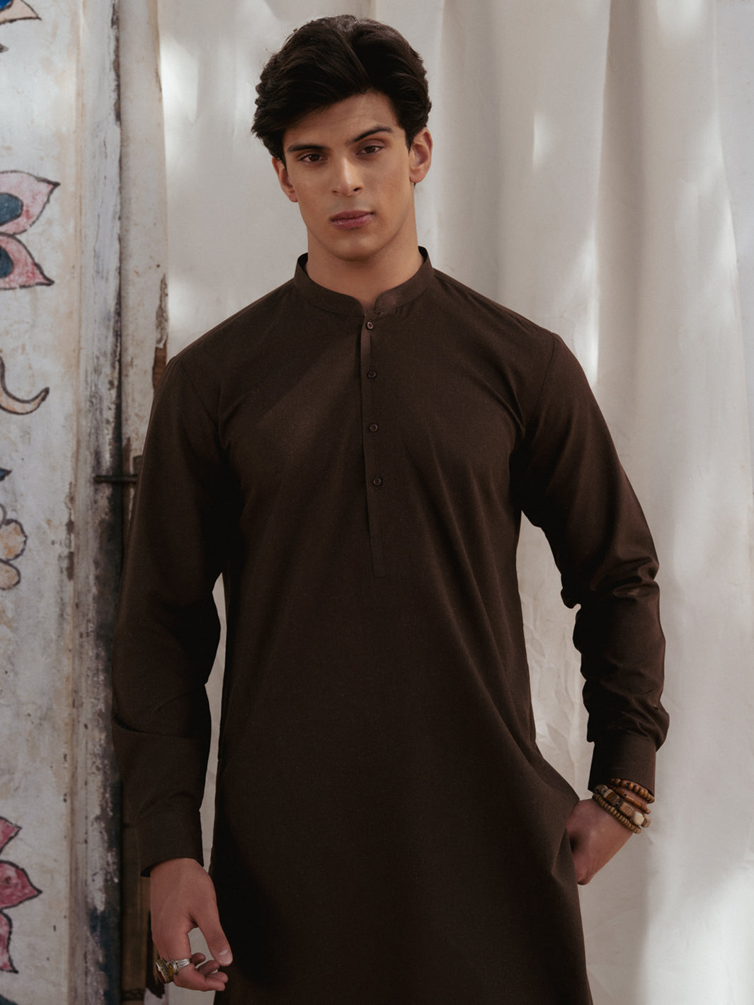 Blended Dark Brown Kurta Trouser - Almirah