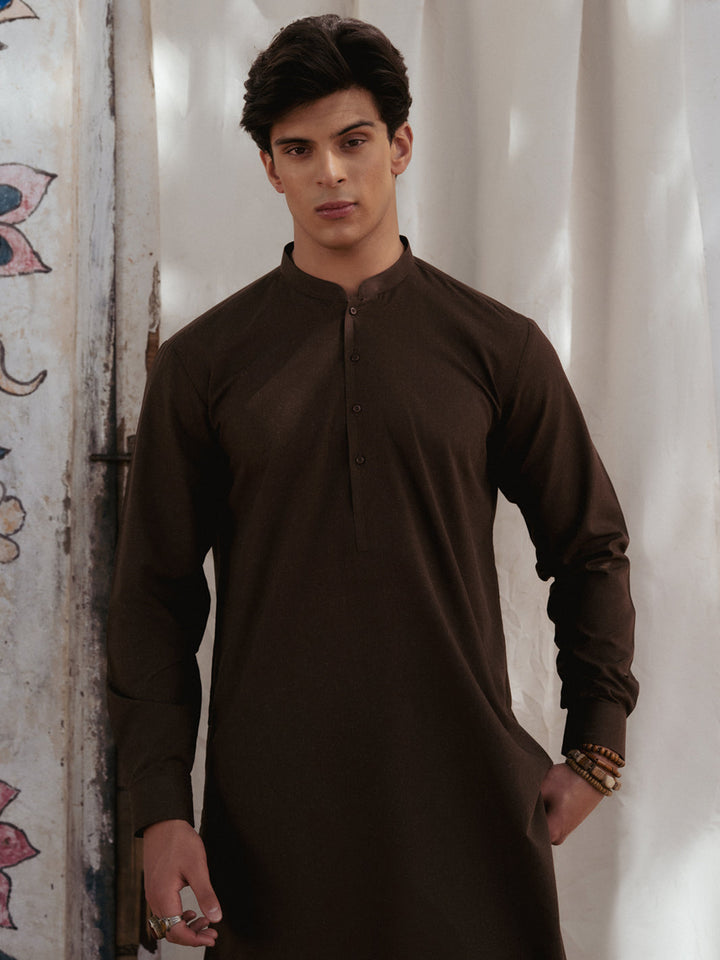 Blended Dark Brown Kurta Trouser - Almirah