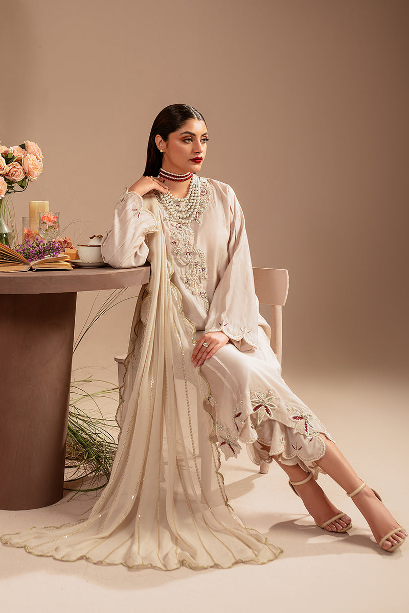 Resham Silk & Chiffon Beige Stitched Suit - Vanya