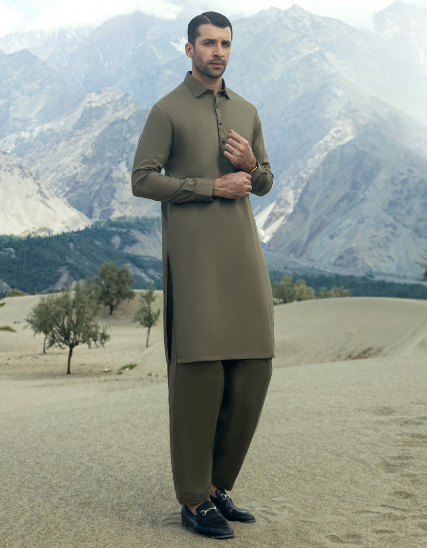 Cotton Kaye Green Shalwar Kameez - J. Junaid Jamshed