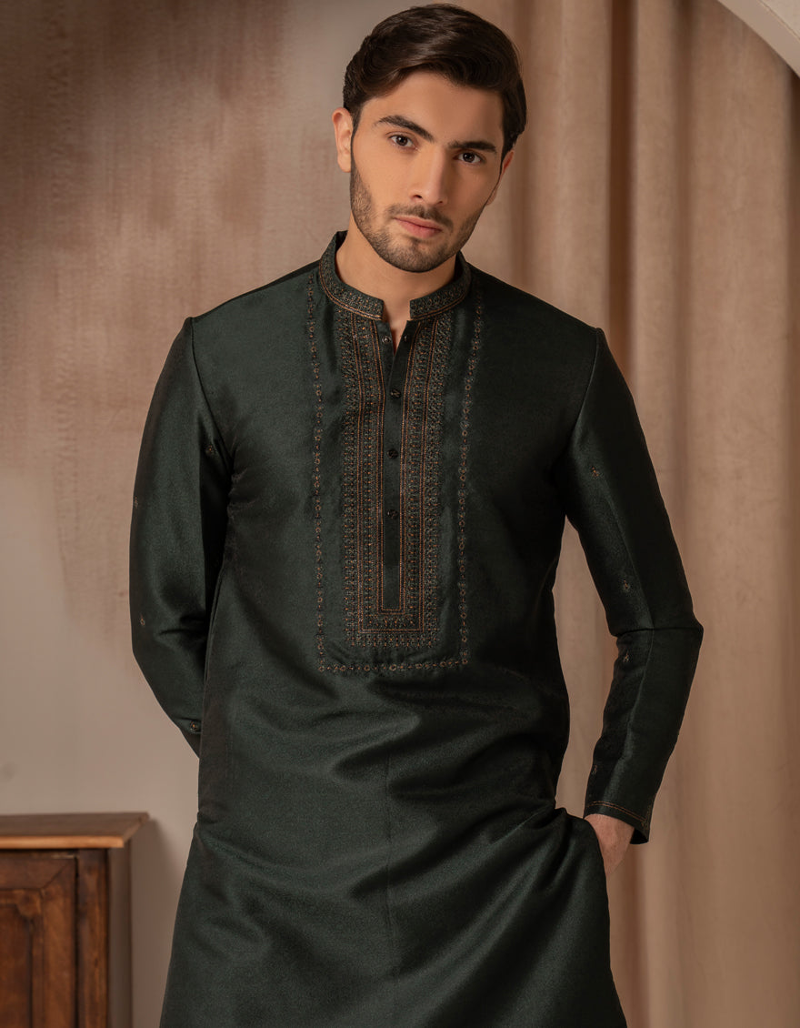Blended Emerald Green Special Kurta - J. Junaid Jamshed