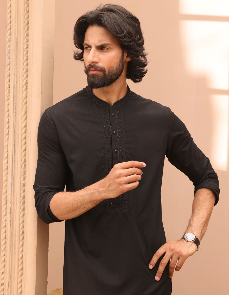 Blended Black Kurta - J. Junaid Jamshed