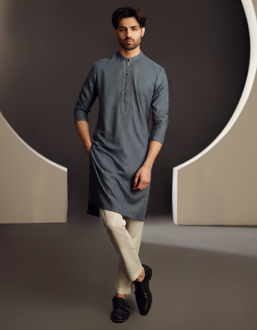 Blended Bluish Grey Kurta - J. Junaid Jamshed