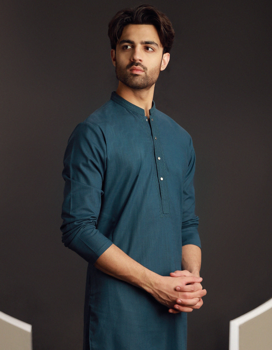 Cotton Teal Blue Kurta - J. Junaid Jamshed