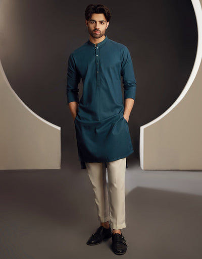 Cotton Teal Blue Kurta - J. Junaid Jamshed