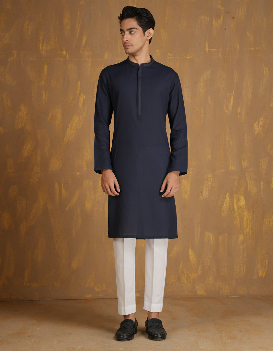 Blended Navy Blue Kurta - J. Junaid Jamshed