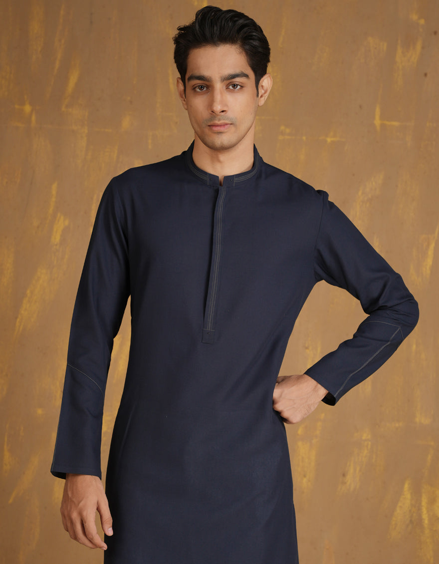 Blended Navy Blue Kurta - J. Junaid Jamshed