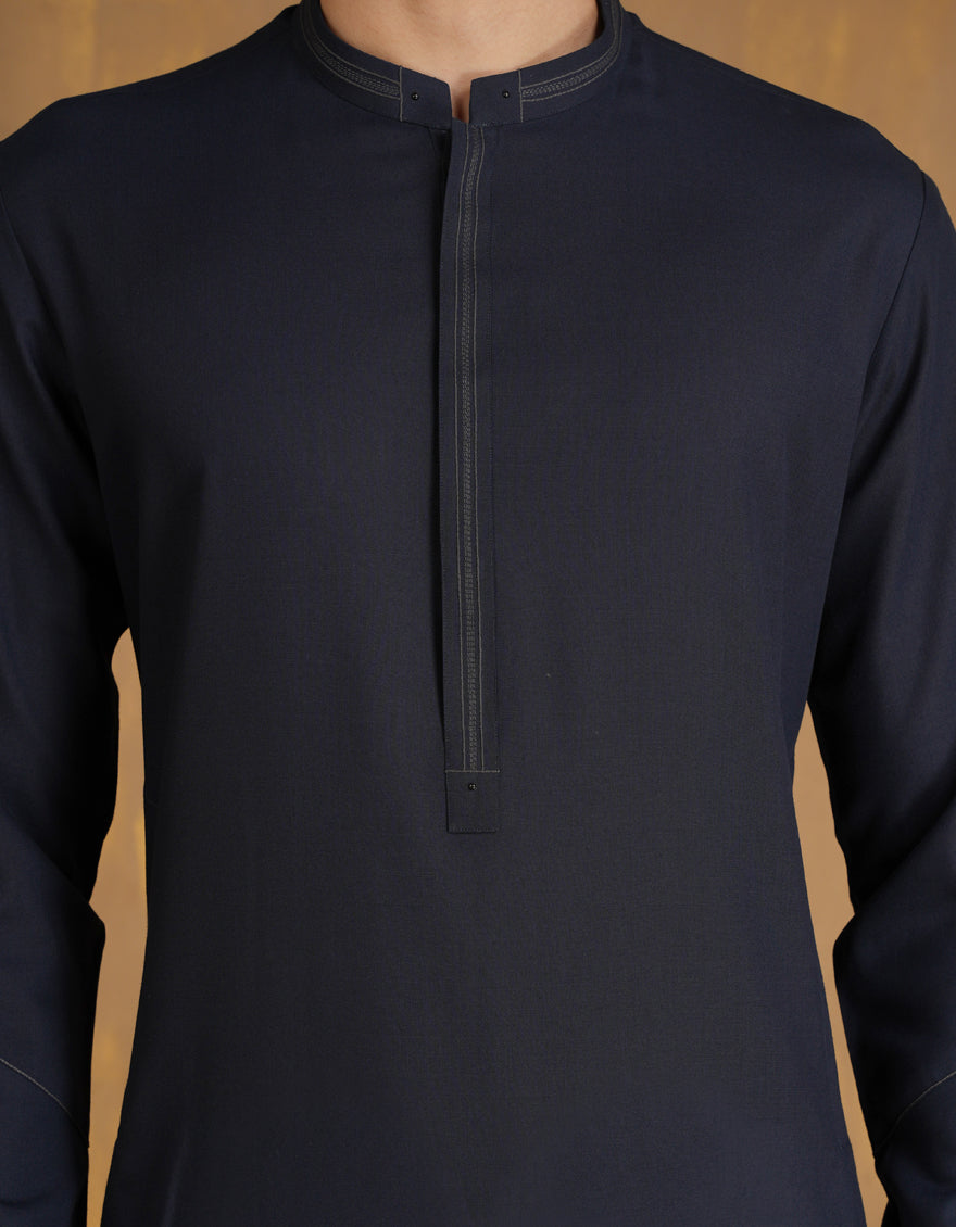 Blended Navy Blue Kurta - J. Junaid Jamshed