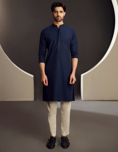 Blended Navy Blue Kurta - J. Junaid Jamshed