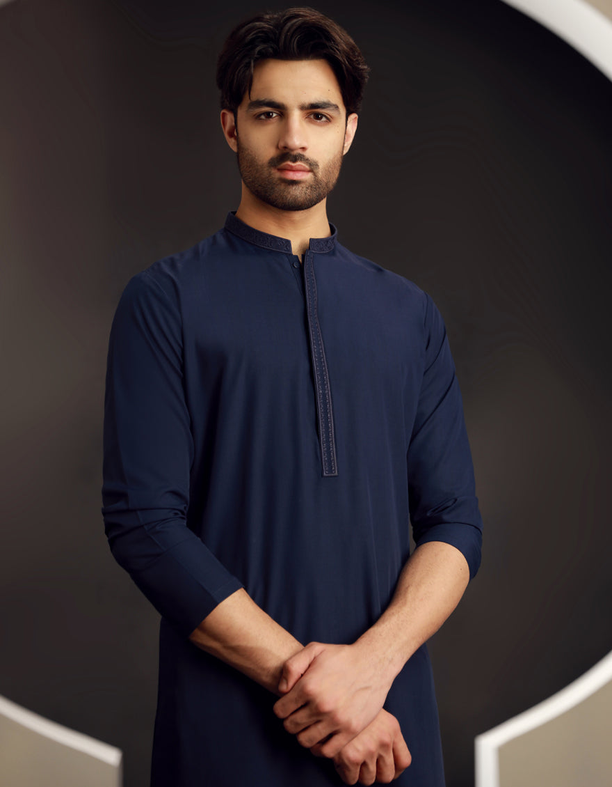 Blended Navy Blue Kurta - J. Junaid Jamshed