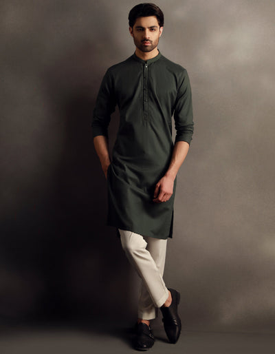 Cotton Dark Green Kurta - J. Junaid Jamshed