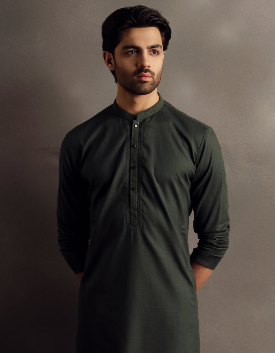 Cotton Dark Green Kurta - J. Junaid Jamshed