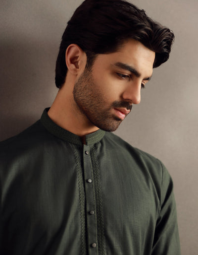 Cotton Dark Green Kurta - J. Junaid Jamshed