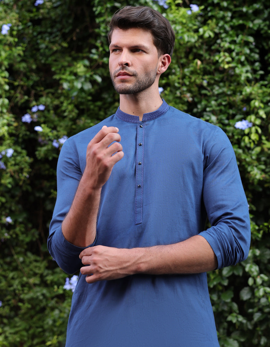 Cotton Blue Kurta - J. Junaid Jamshed