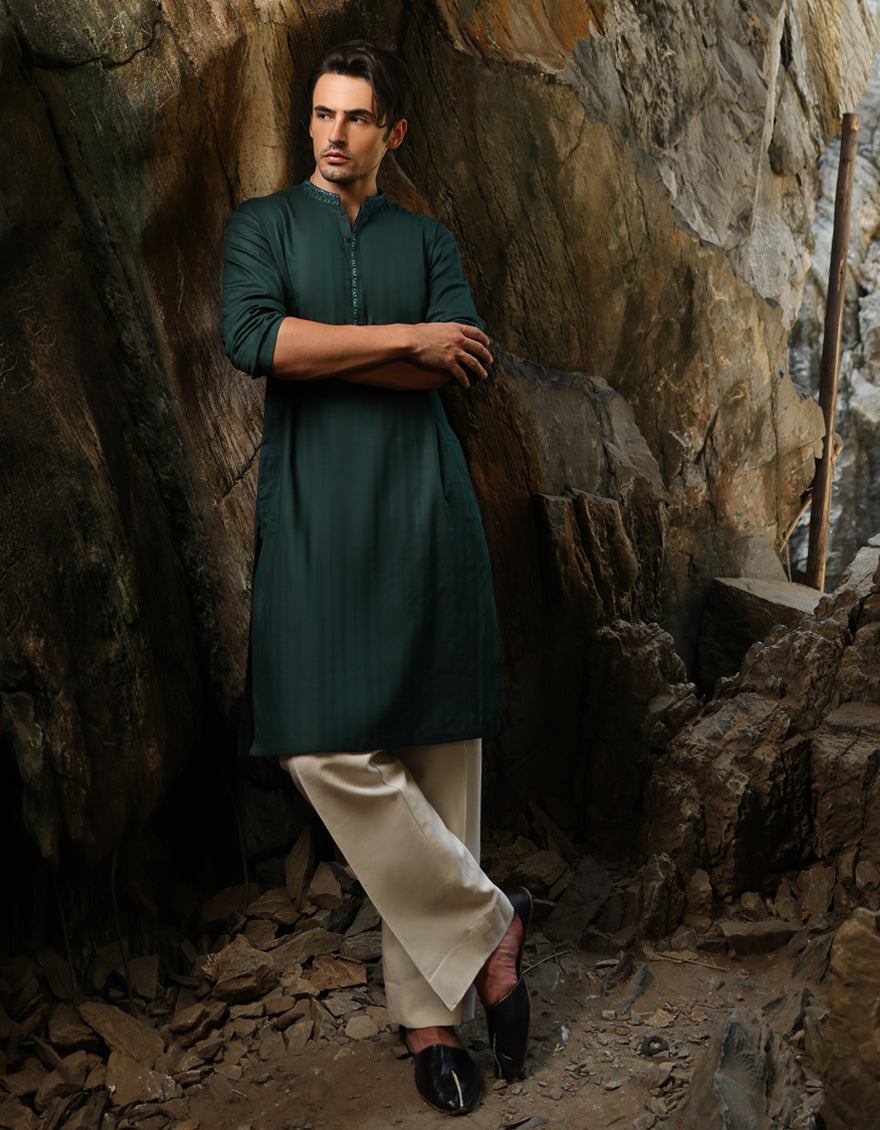 Cotton Bottle Green Kurta - J. Junaid Jamshed