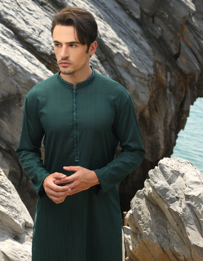 Cotton Bottle Green Kurta - J. Junaid Jamshed