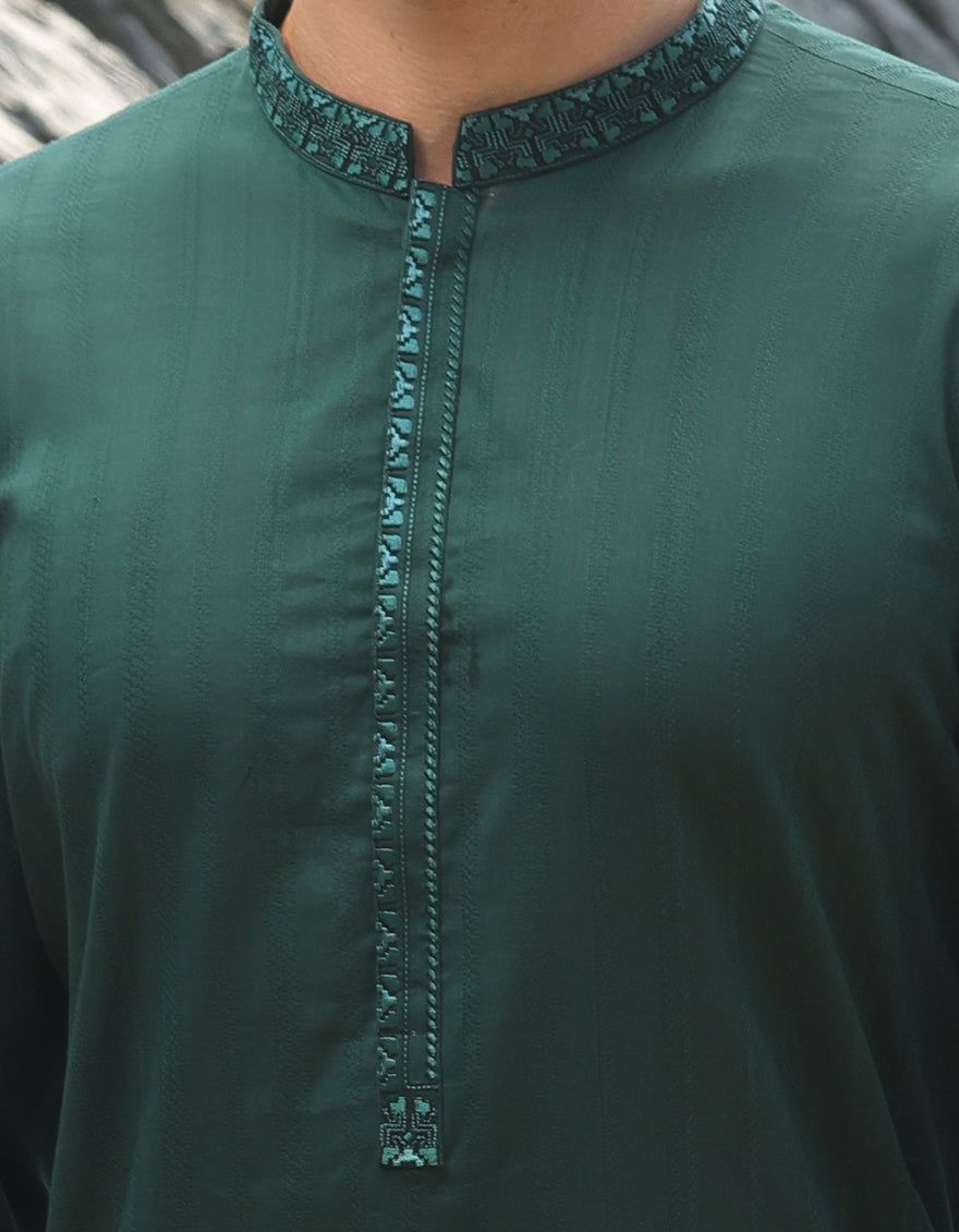 Cotton Bottle Green Kurta - J. Junaid Jamshed