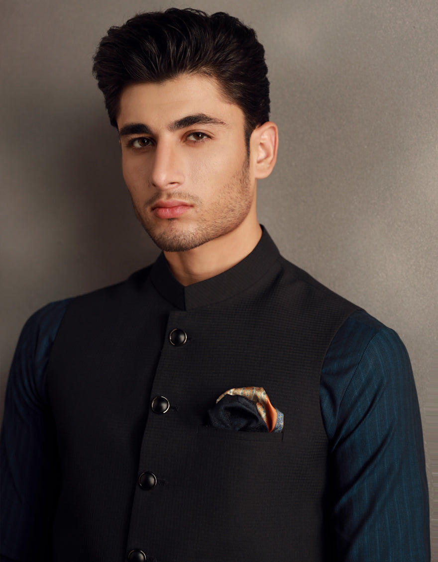 Polyester Black Waist Coat - J. Junaid Jamshed