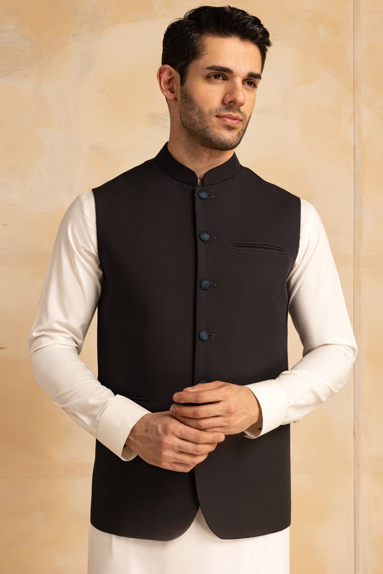 Suiting Black Waist Coat - J. Junaid Jamshed