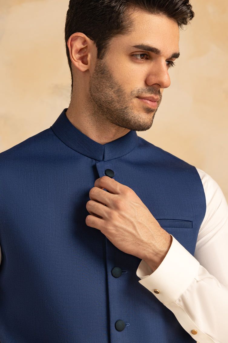 Suiting Blue Waist Coat - J. Junaid Jamshed