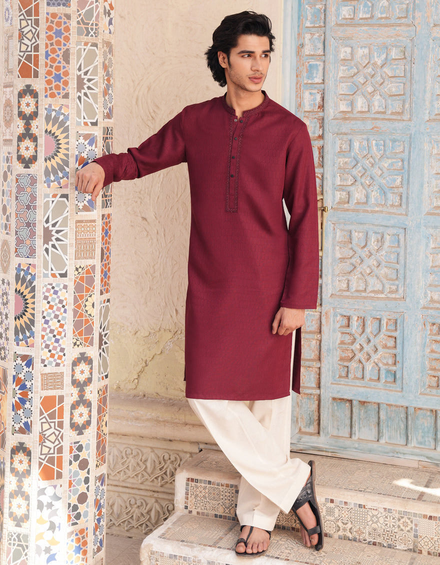 Blended Red Kurta - J. Junaid Jamshed