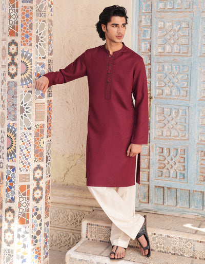 Blended Red Kurta - J. Junaid Jamshed