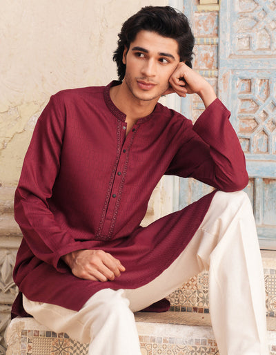 Blended Red Kurta - J. Junaid Jamshed