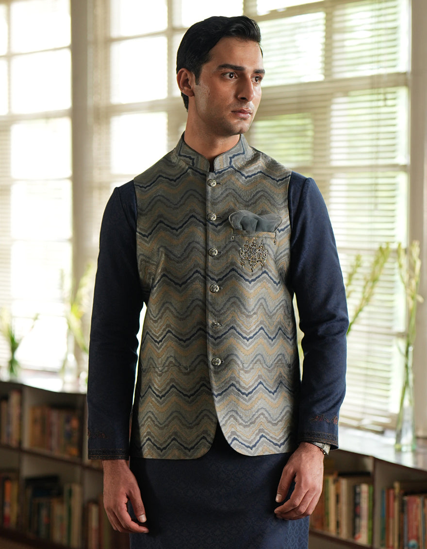 Polyester Grey Waist Coat - J. Junaid Jamshed