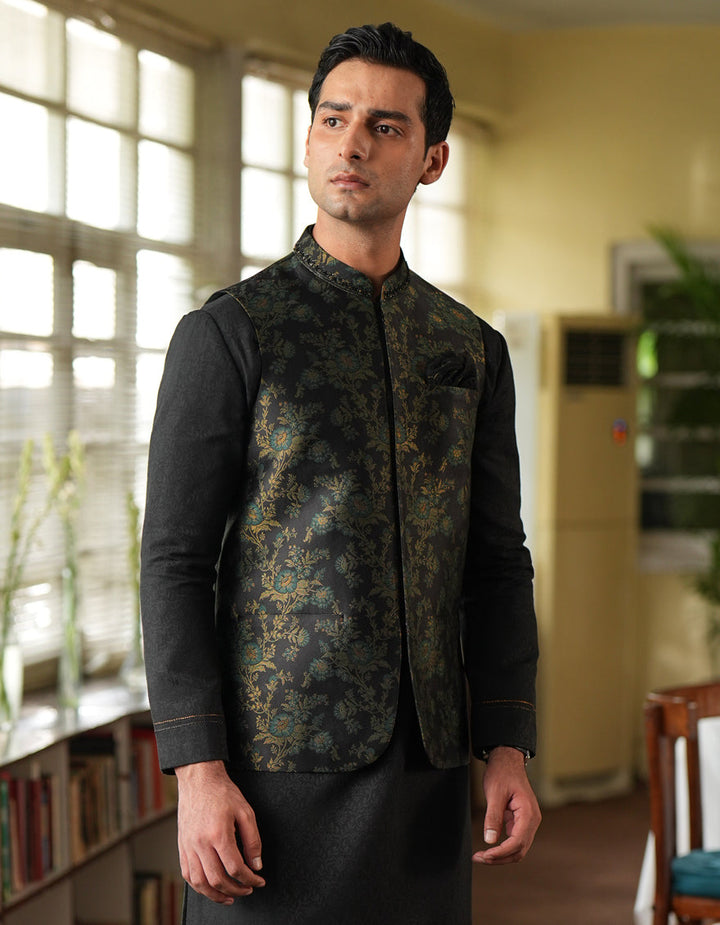 Polyester Black Waist Coat - J. Junaid Jamshed