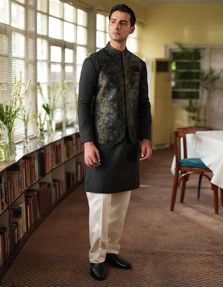 Polyester Black Waist Coat - J. Junaid Jamshed