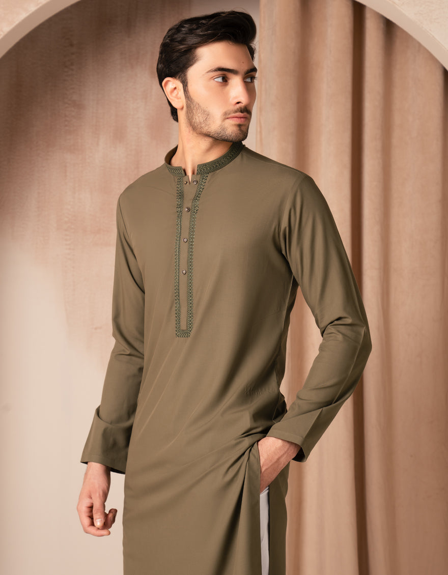 Blended Olive Kurta - J. Junaid Jamshed