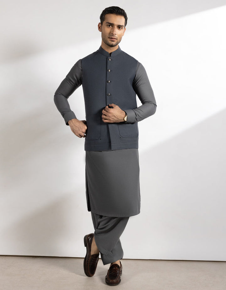 Suiting Bluish Grey Waist Coat - J. Junaid Jamshed