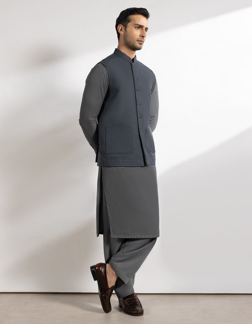 Suiting Bluish Grey Waist Coat - J. Junaid Jamshed