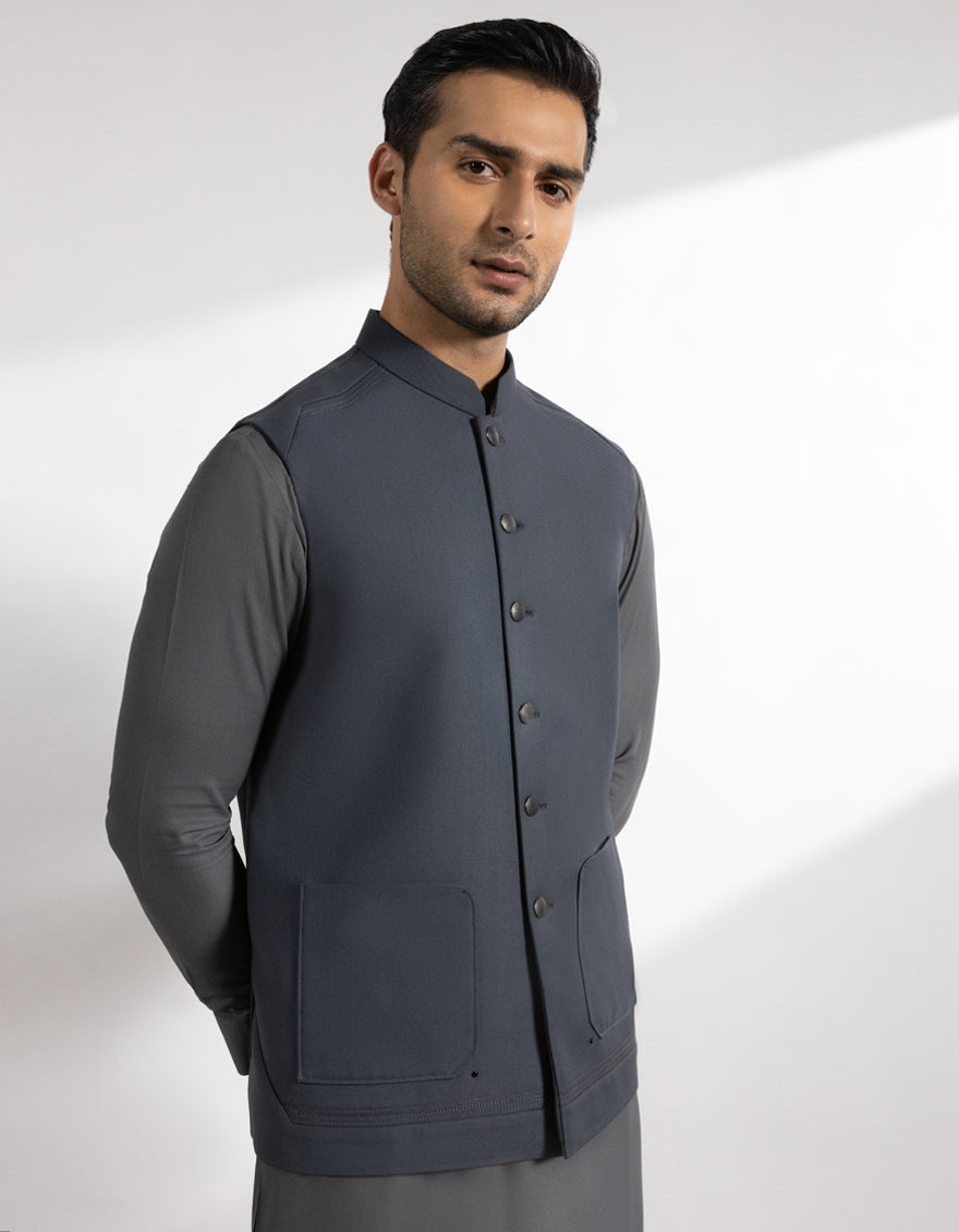 Suiting Bluish Grey Waist Coat - J. Junaid Jamshed