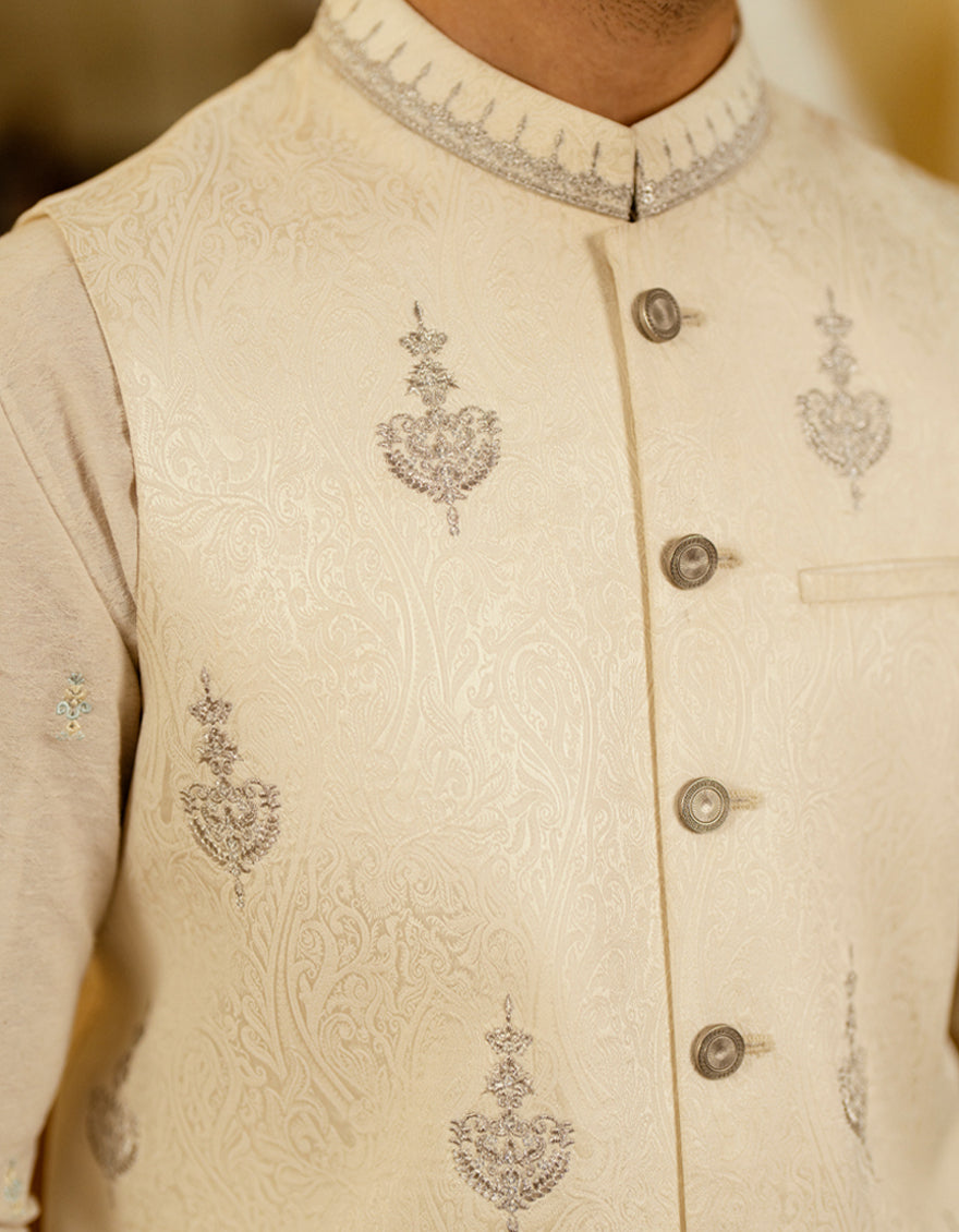 Polyester Cream Waist Coat - J. Junaid Jamshed