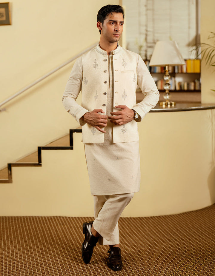 Polyester Cream Waist Coat - J. Junaid Jamshed