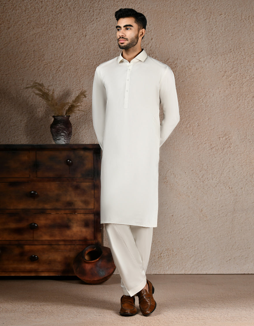 Blended White Unstitched Suit - J. Junaid Jamshed
