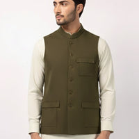 Blended Mehndi Green Waist Coat - J. Junaid Jamshed