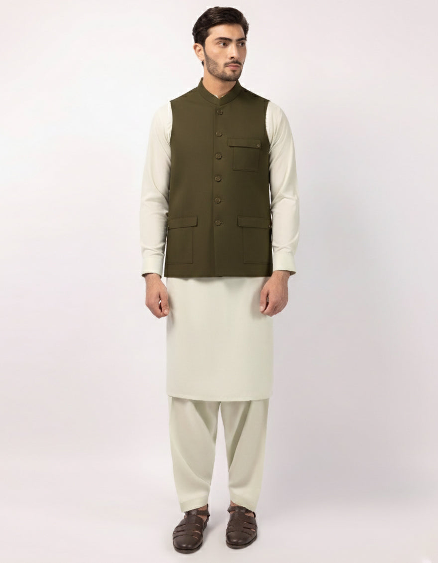 Blended Mehndi Green Waist Coat - J. Junaid Jamshed