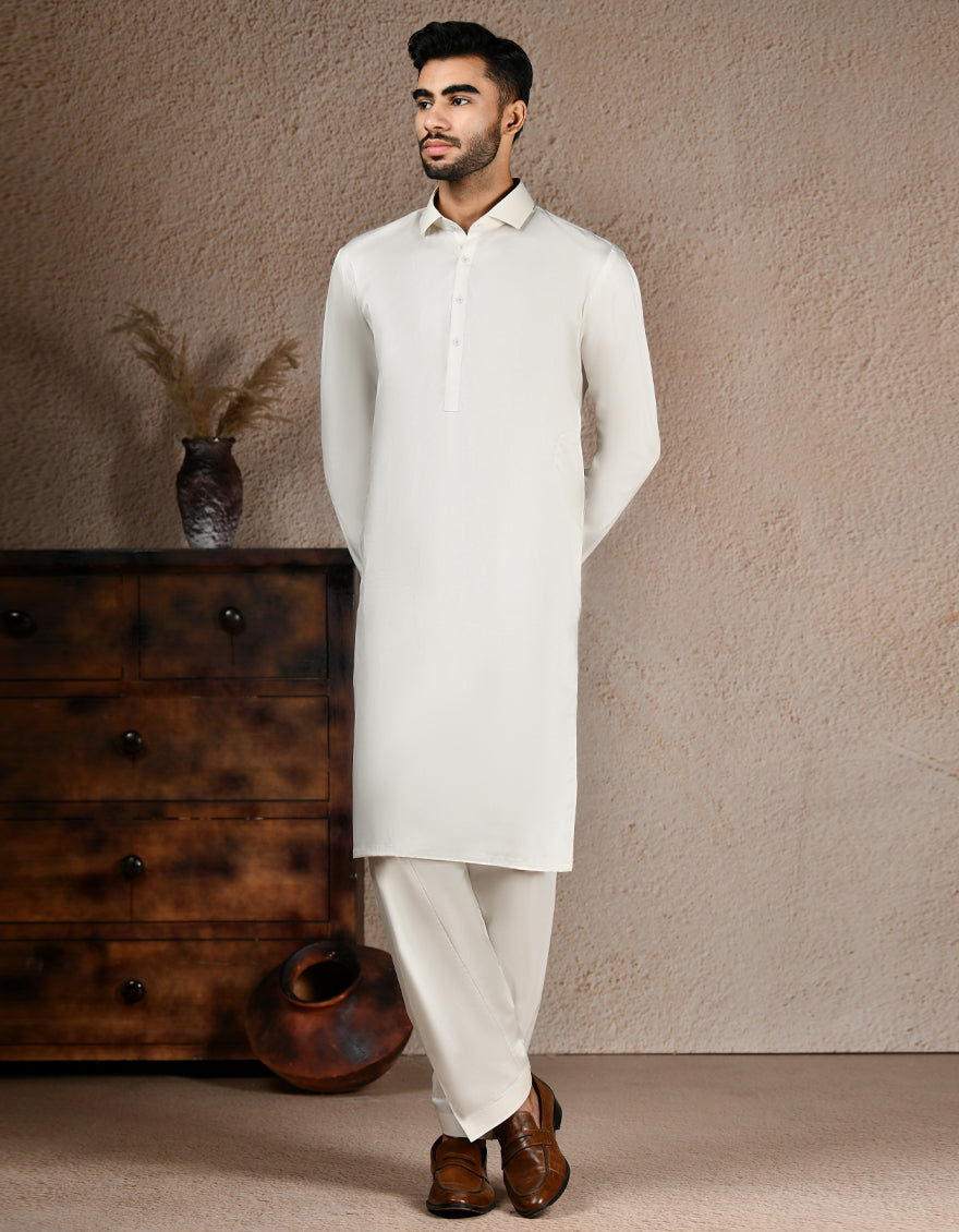 Blended White Unstitched Suit - J. Junaid Jamshed
