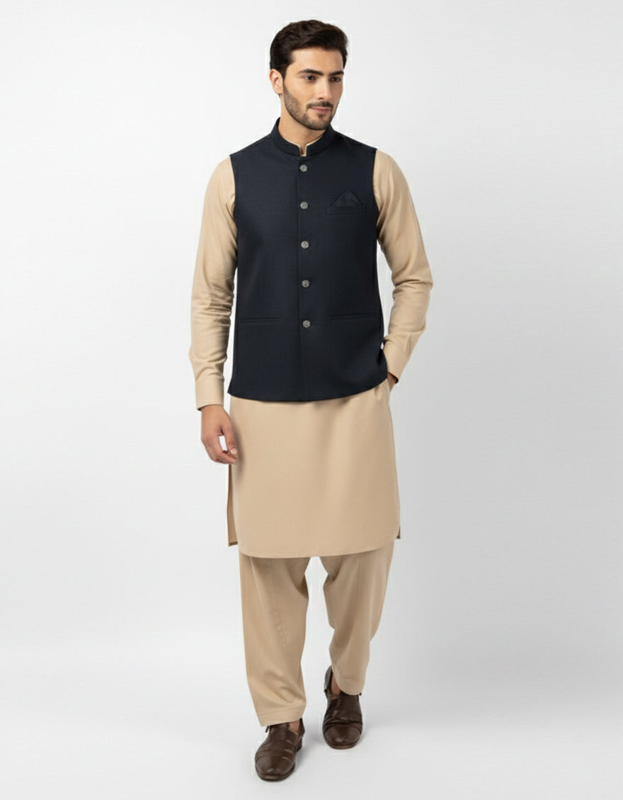 Blended Navy Blue Waist Coat - J. Junaid Jamshed