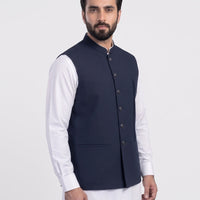 Blended Navy Blue Waist Coat - J. Junaid Jamshed