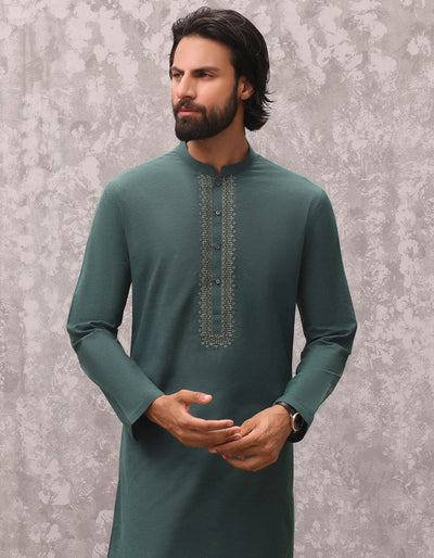 Blended Bottle Green Kurta - J. Junaid Jamshed