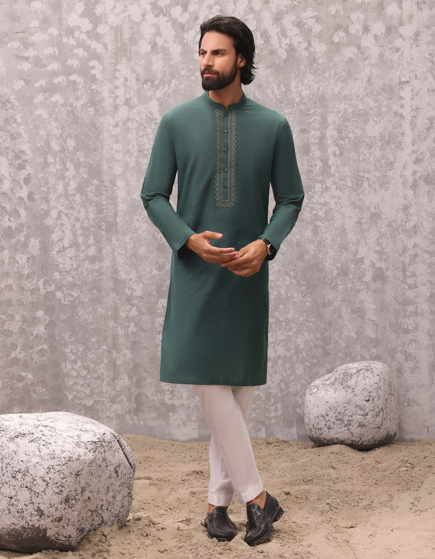 Blended Bottle Green Kurta - J. Junaid Jamshed