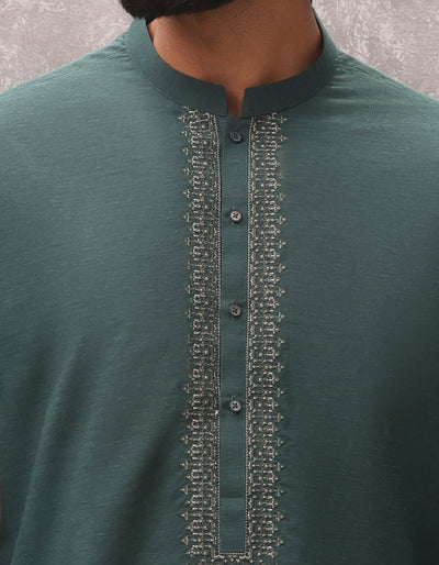 Blended Bottle Green Kurta - J. Junaid Jamshed