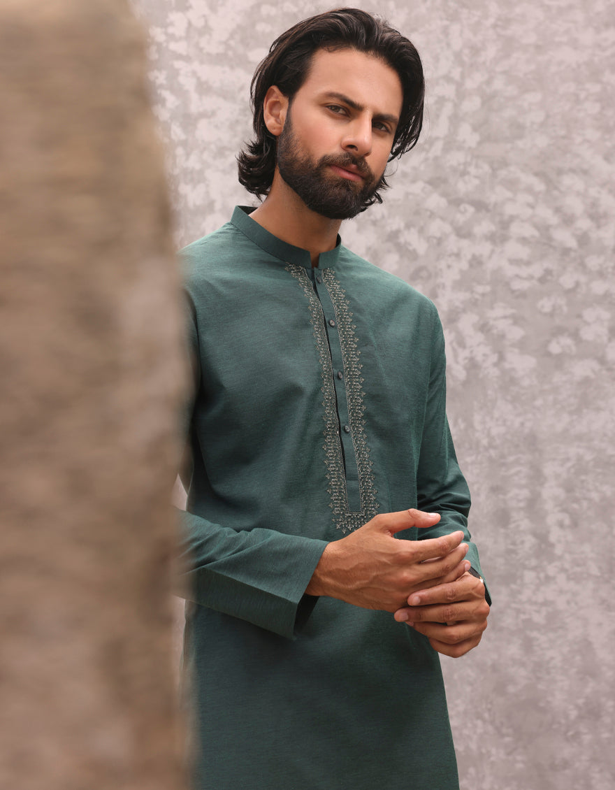 Blended Bottle Green Kurta - J. Junaid Jamshed