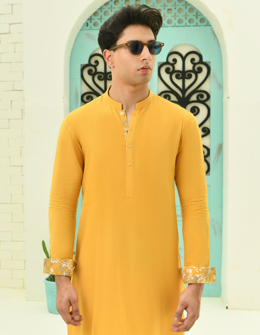 Cotton Yellow Kurta - J. Junaid Jamshed