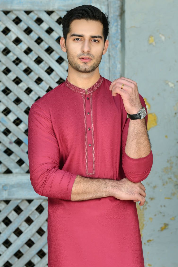 Blended Red Kurta - J. Junaid Jamshed